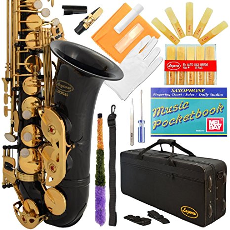 Lazarro Professional Black-Gold Keys Eb E Flat Alto Saxophone Sax, 11 Reeds, Case & Many Extras - 24 COLORS Available - 360-BK