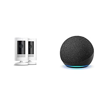 Ring Stick Up Cam Battery HD security camera (White) 2-pack, with Echo Dot (4th Gen - Charcoal)