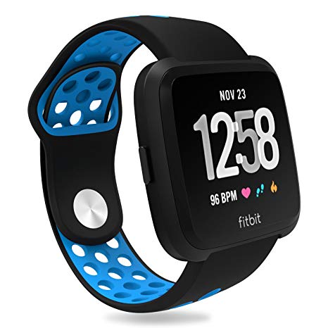 For Fitbit Versa Bands, Penta Stars Silicone Waterproof Band for Women and Men Fits Small & Large Wrists with Two Tone Slim Breathable Sport Design, Black/Blue, S