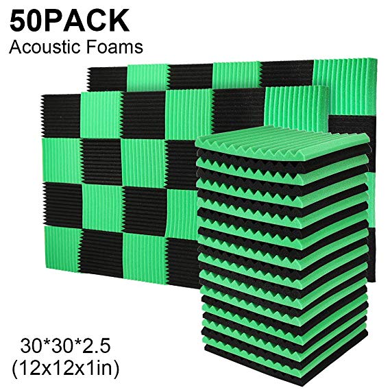 50 Pack Acoustic Panels Studio Foam Wedges 1" X 12" X 12"Sound-proofing,Sound Absorption (50PCS, Black&Green)