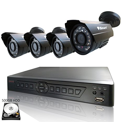 iSmart 4 Channel H.264 CCTV Security Surveillance HDMI Motion Recording DVR & 4 CMOS Outdoor Weatherproof IR Night Vision Bullet 700TVL Cameras with pre-installed 500GB Hard Drive (D6104FH   500GB   C1030DP7x4)