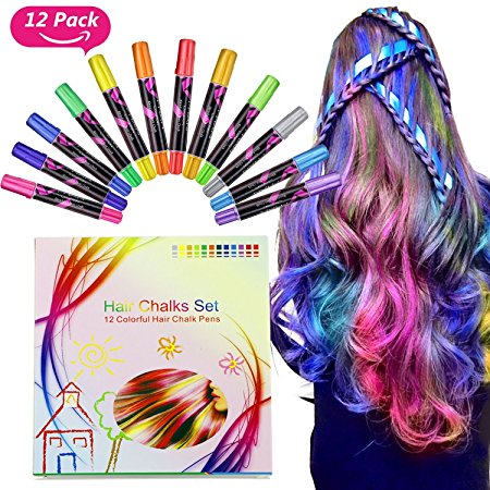 Buluri Temporary Hair Chalk Set Birthday Gift for Girls Kids Women- Non-Toxic Colorful Beautiful Hair Chalk Pens for Girls, Party, Cosplay, DIY, Works on All Hair Colors for Christmas(12 colors)