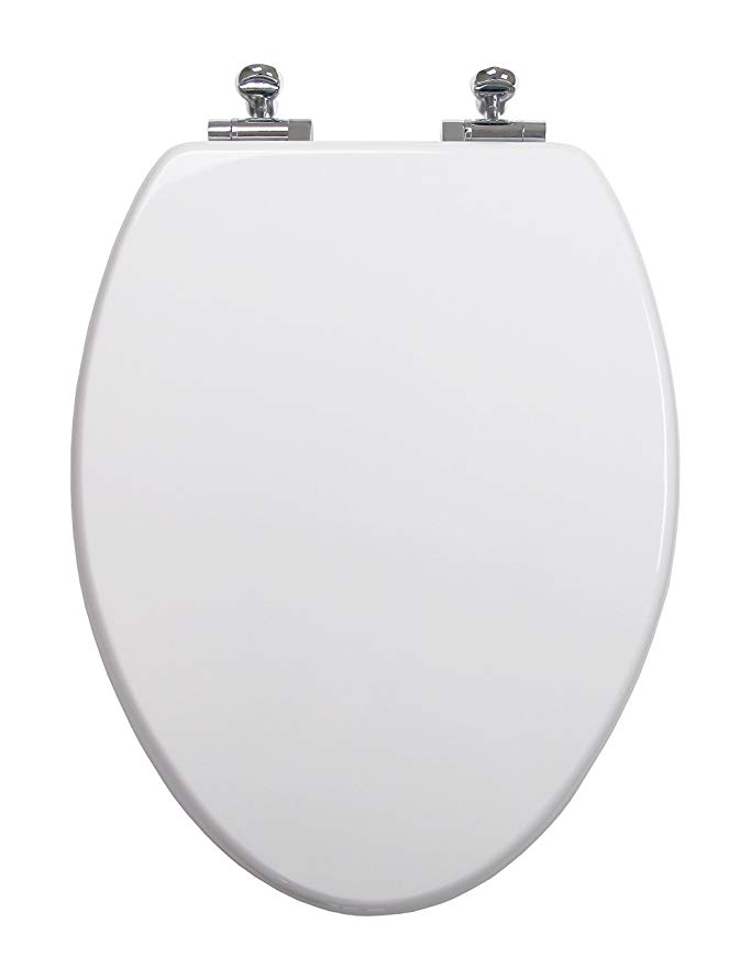 TOPSEAT 6TSUE9999SL 000 Elongated Wood Toilet Seat with Slow Close Chromed Metal Hinges, White