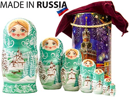 Russian Nesting Doll - "Winter`s Tale" - Hand Painted in Russia - MOSCOW KREMLIN GIFT BOX - Wooden Decoration Gift Doll - Traditional Matryoshka Babushka (8`` (7 dolls in 1), Green)