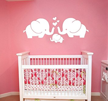 Cute Elephant Family With Hearts Wall Decals Baby Nursery Decor Kids Room Wall Stickers, 30''w x11.8''h, White