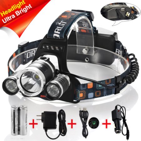Super Bright 5000LM Rechargeable Headlamp3 Beads 4 Modes Led Head lamp Led Headlight218650 Rechargeable BatteriesUSB CableAC ChargerCar Charger for Camping Fishing Hiking Hunting Outdoor Sports