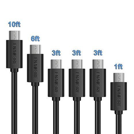 EnacFire Powerline [6-Pack] (1ft 3*3ft 6ft 10ft) Premium Micro USB Cable Perfect Lengths Set High Speed Sync Quick Charging USB 2.0 A Male to Micro B Cable (Black)