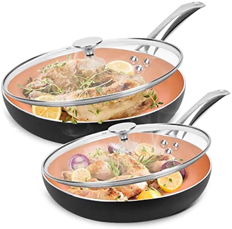 Frying Pan Sets Nonstick with Lid - 10 & 12-inch Ultra Nonstick Frying Pan Sets with Ceramic Titanium Coating, 100% APEO & PFOA-Free Non-Stick Saute Pan Sets Coating Skillets, Stainless Steel Handle