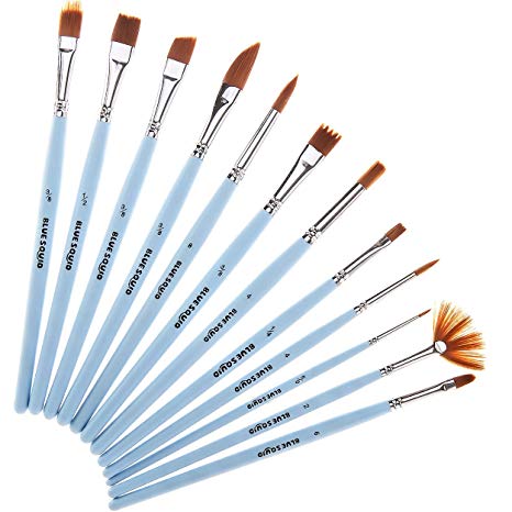 Face Paint Brushes Set - of 12 by Blue Squid,Professional Artist Paint Brush Set for Body Painting, Acrylic, Watercolor & Oil Paint, Wood Handles No Shed Nylon Bristles, Fine Round Pointed Flat & Fan