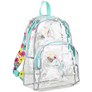 Eastsport Clear Backpack, Fully Transparent with Padded Straps, Clear/Turquoise/Watercolor Floral Print
