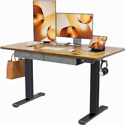 ErGear Adjustable Height Electric Standing Desk with Double Drawers, Sit Stand Up Desk Computer Workstation for Home Office, 48x24 Inches, Vintage Brown