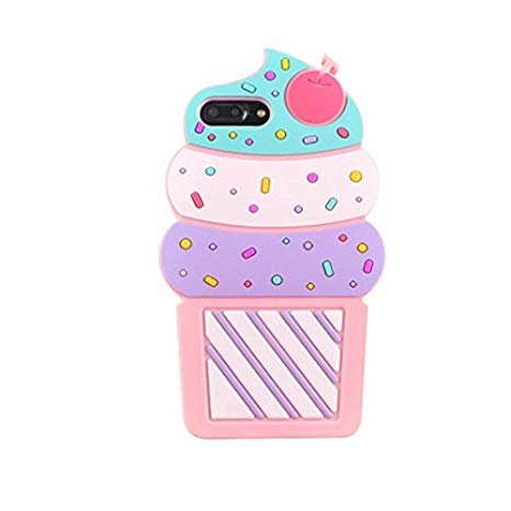 Gravydeals Cute 3D Cartoon Ice Cream Cupcake Shaped Soft Rubber Silicone Case Back Cover for iPhone 7Plus/8Plus