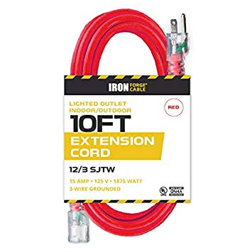 10 Ft Lighted Extension Cord - 12/3 SJTW Heavy Duty Red Outdoor Extension Cable with 3 Prong Grounded Plug for Safety - Great for Garden & Major Appliances