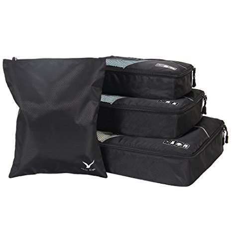 Hynes Eagle Travel Packing Cubes Compression Pouches 4-piece Set with Laundry Bag Black