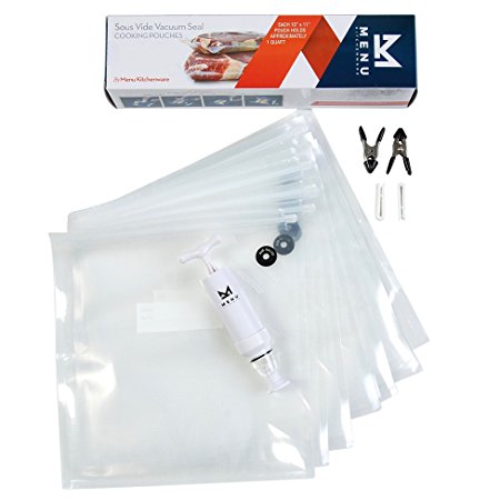 20 Bags - Sous Vide Vacuum Seal Cooking Pouches Essentials Kit with Hand Pump and Clamps by Menu Kitchenware