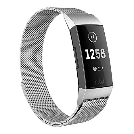 Milanese Bands for Fitbit Charge 3, SailFar Magnetic Clasp Mesh Loop Milanese Stainless Steel Metal Bracelet Strap/Watch Band for Fitbit Charge 3,Small/Large, Men/Women, Large, Silver