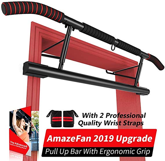 AmazeFan Pull Up Bar Doorway w/ Ergonomic Grip - Fitness Chin-Up Frame for Home Gym - 2 Replaceable Accessories - 2 Professional Quality Wrist Straps Workout Guide -No Installation Needed (Renewed)