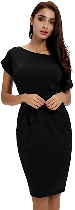 Payeel Office Midi Dresses O-Neck Pencil Dress Pockets with Belt Vest Dresses