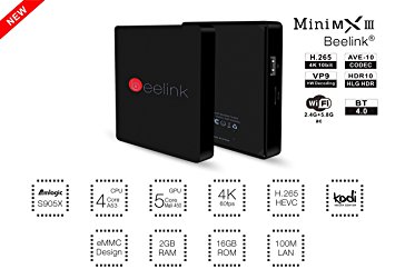 Beelink Mini MXIII II Streaming Media Player Android 6.0 Amlogic S905X Quad- core 64-bit ARM Cortex-A53 up to 2GHz Penta-core ARM Mali-450 RAM 2GB ROM 16GB 2.4G Wifi BT4.0 100M LAN Smart TV Box