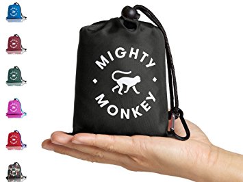 MIGHTY MONKEY Portable Outdoor Picnic Pocket Blanket w/ Corner Pockets, Rain Hood, Zip Pouch, Loops & Carabiner | Waterproof & Puncture Resistant | 63" x 56" | Festivals, Beach, Camping & Outdoors
