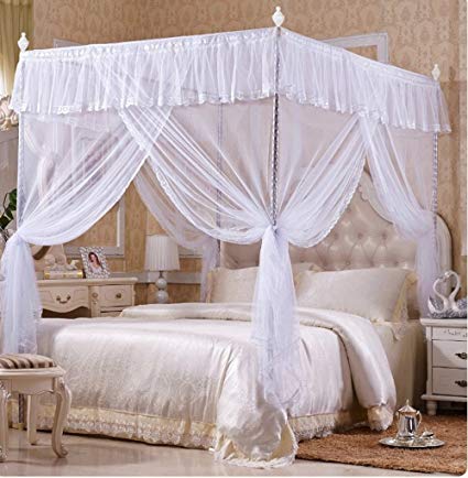 Nattey 4 Corners Princess Bedding Curtain Canopy Mosquito Netting Canopies Twin Full Queen California King White Color (California King)