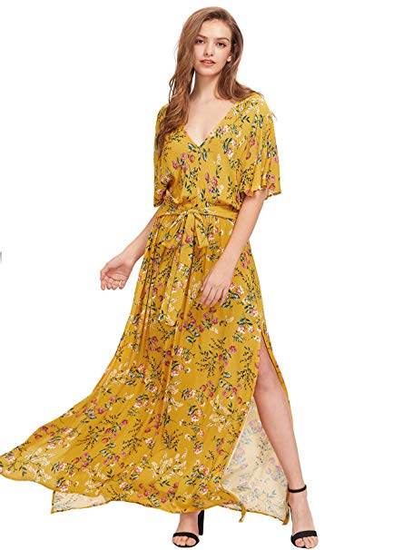 Milumia Women's Boho Split Tie-Waist Vintage Print Maxi Dress