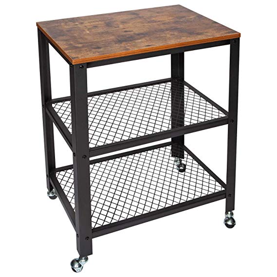 IRONCK Industrial Kitchen Cart 3-Tier, Rolling Serving Cart on Wheels with Storage, Microwave Cart for Kitchen, Wood Look Accent Furniture with Metal Frame, Vintage Brown