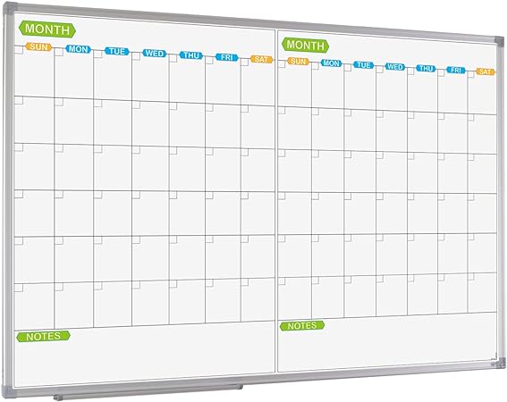 JILoffice Magnetic Dry Erase Calendar Whiteboard, 2 Month White Board Planner 36 X 24 Inch, Silver Aluminum Frame Wall Mounted Board for Office Home and School