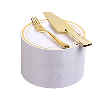 100 Count Premium Quality Heavyweight Tableware Set/Elegant Disposable Plastic Plate & Cultery Sets: 7.5" Gold Trim Plate & Plastic fork- 2 pcs Bouns Cake Knife