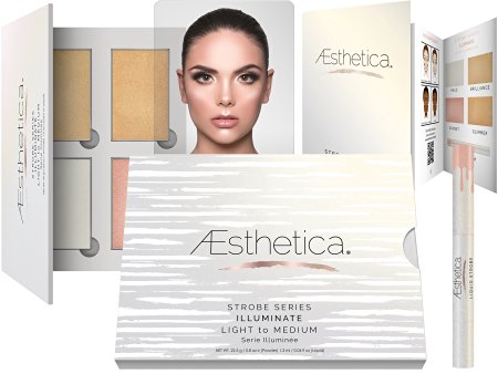 Aesthetica Strobe Series Highlighting Kit - 5-Piece Makeup Palette Set - Includes 4 Illuminating Powders and 1 Liquid Highlighter - Step-by-Step Instructions Included - Light to Medium (Illuminate)
