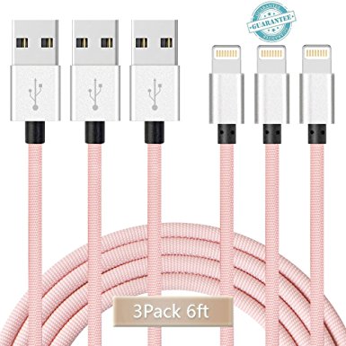 iPhone Charger Cable DANTENG 3Pack 6FT Nylon Braided to USB Lightning Cable for iPhone 7,SE,5,5s,6,6s,6 Plus,iPad Air,Mini,iPod(Pink)