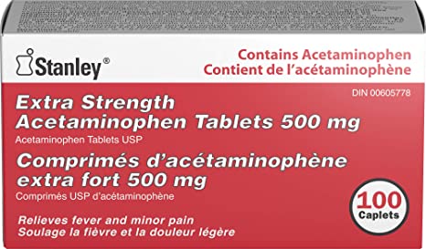 Stanley Pharmaceuticals Extra Strength Acetaminophen, Relieves Fever and Minor Pain, 500mg, 100 Caplets