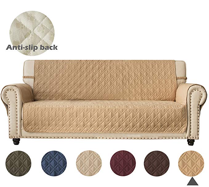 Anti-slip Sofa Cover for leather with Anti-skip Dog Paw Print 100% Waterproof quilted Furniture Protector Slipcover for Dogs, Children, Pets Sofa Slipcover for Leather Couch (Pattern1:Sand, Sofa)