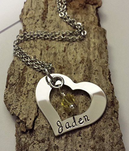 Silver Heart Name Necklace Mommy Jewelry with Birthstone Crystals Stainless Steel