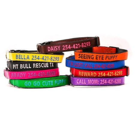 Personalized Embroidered Dog Collar - Custom Text With Pet Name and Phone Number - Multiple Collar and Thread Colors and Sizes