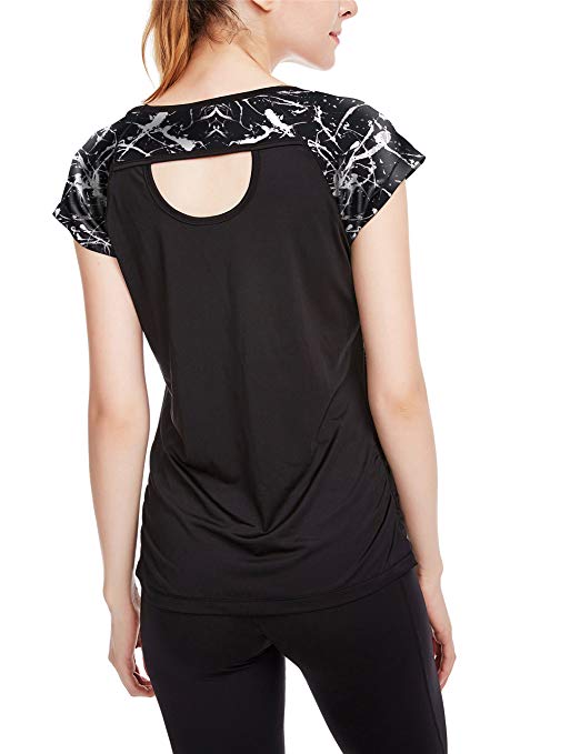 icyzone Workout Running Shirts for Women - Fitness Gym Yoga Exercise Short Sleeve T Shirts Open Back Tops