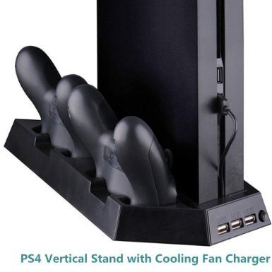 KingCool Multifunctional PS4 Vertical Stand with Cooling Fan Charger PlayStation 4 Console Cooler Dualshock 4 Controllers Charging Station with 4 Charger Ports Black