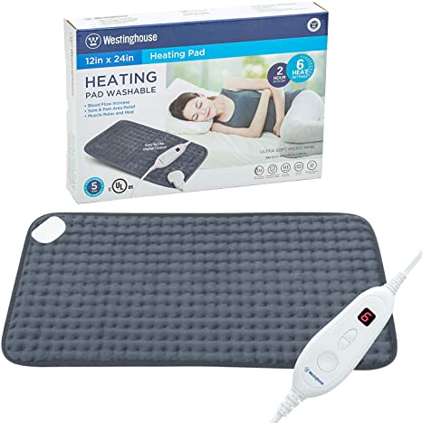 Westinghouse Heating Pad for Pain Relief, 12X24 Inches 6 Heating Settings with 2 Hours Auto Shut Off, Machine Washable (12'x24',Grey)