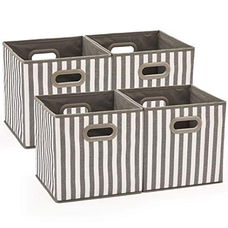 Set of 4 EZOWare Foldable Fabric Storage Bin with Handles, Collapsible Resistant Cube Basket Box Organizer for Shelves, Closet, and More - (10.5x10.5x10.5 inch) (Gray & White Stripes)