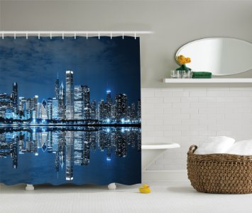 Ambesonne Americana Cityscape Decor Collection, Modern Art Picture of Water Reflection Chicago Illinois Buildings at Dark Night Scene, Polyester Fabric Bathroom Shower Curtain Set with Hooks