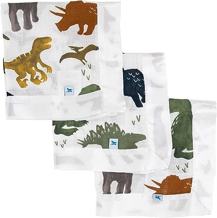 Little Unicorn Security Blankets 3 Pack | 100% Cotton Muslin with Satin Border| Super Soft and Breathable | Baby, Infant, Toddler | Lovey for Boys and Girls | Dino Friends