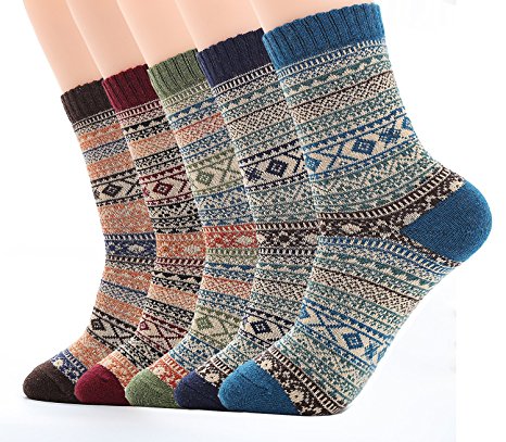 Ueither Mens 5 Pairs Vintage Style Knitting Wool Warm Winter Fall Crew Socks