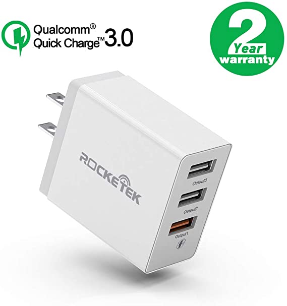 Rocketek USB Quick Charger Wall Charger, 30W QC 3.0 Fast Charger 3 USB Port Wall Power Plug Adapter for iPhone Xs XS Max XR X 8 7 6 Plus, Galaxy S10 S9 S8 Edge Plus, Note 8 7, Nexus, iPad and More