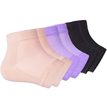 Vented Moisturizing Gel Heel Socks, 3 Pairs Toeless Spa Sock for Foot Care Treatment, Cracked Heels, Dry Feet, Foot Calluses (Purple, Black, Beige)