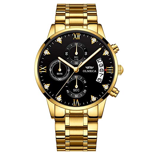 Men's Watches Luxury Fashion Casual Dress Chronograph Waterproof Military Quartz Wristwatches for Men Stainless Steel Band Gold Black