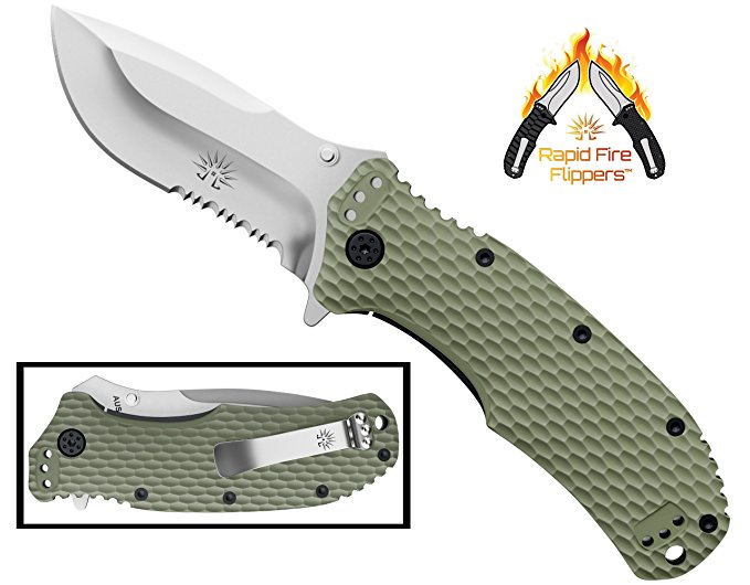 Off-Grid Knives - (OG-220S) Rapid Fire Assisted Flipper Knife, Cryo Japanese AUS8 Blade with Tough & Grippy Reinforced Fiberglass Nylon Handle & All-Position Mounting Clip