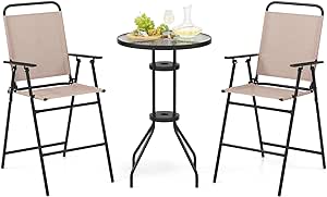 Giantex 3 PCS Outdoor Bistro Set, Patio Bar Table with 2 Folding Chairs, Round Bar Table with Tempered Glass Top & 1.6" Umbrella Hole, Easy Assembly, for Patio, Poolside, Yard, Beige