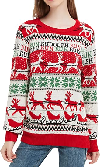 Women's Christmas Reindeer Traditional Knitted Holiday Ugly Sweater Girl Pullover Cardigan