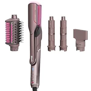 Shark FlexFusion Hair Straightener & Powerful Hair Dryer with Fusion Hair Brush, Ceramic Air Styler with Auto-Wrap Hair Curlers & Concentrator, Ceramic Plates, Cosmic Blush HD641S