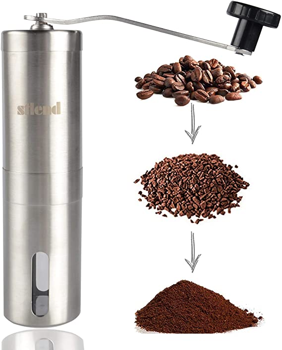 S-Tang Manual Coffee Grinder with Adjustable Setting - Conical Burr Mill & Brushed Stainless Steel Whole Bean Burr Coffee Grinder for Office, Home, Traveling, Camping